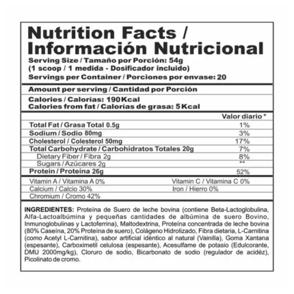 Tabla nutricional Bi Pro Lite 2lb