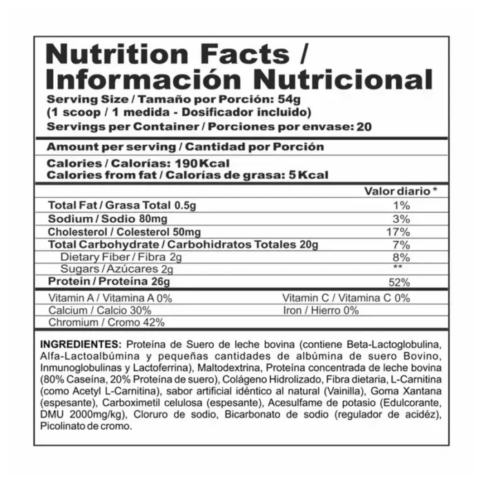 Tabla nutricional Bi Pro Lite 2lb